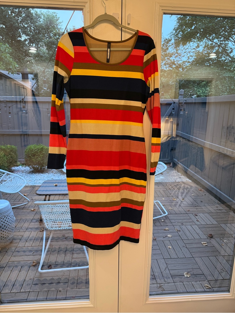 Tracy Reese Striped Long Sleeve Ribbed Dress in Red, Navy, Yellow, Cream, Tan